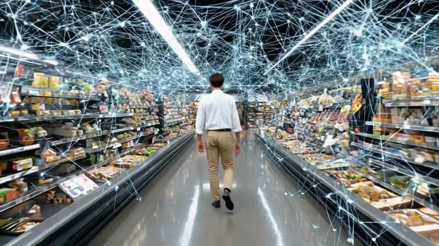 Navigating the Network: A person walks purposefully down the aisle of a vibrant supermarket, the architecture of a digital network superimposed above.