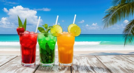 Obraz premium Three colorful tropical cocktails on a wooden beach table with the ocean in the background