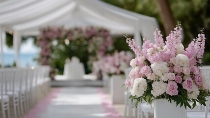 Luxurious outdoor wedding decoration with elegant floral arrangements, grand white tents, pastel flower centerpieces, and romantic ceremonial arch adorned with cascading greenery