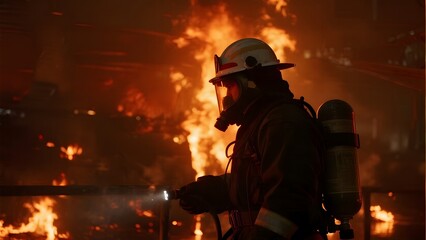 Firefighter battling intense flames with a hose in a hazardous environment