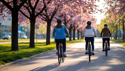 Three women wearing helmets are riding bicycles on a paved road lined with blossoming cherry trees in a sunny urban setting