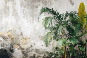 Tropical palm leaves growing against a rustic wall in a serene and natural setting with a low-resolution backdrop emphasizing the beauty of nature