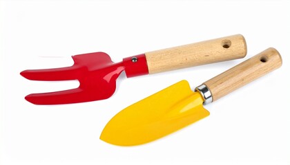 Red hand fork and yellow trowel with wooden handles placed side by side—evoking gardening essentials, soil care, and the tactile simplicity of hands-on cultivation.