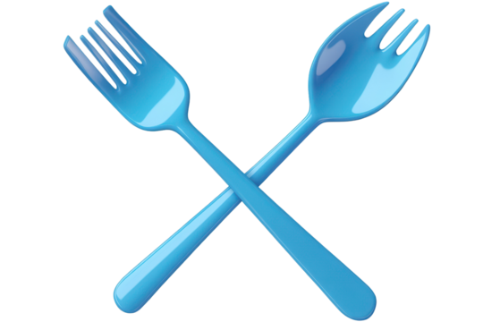 Fork and spoon crossed icon design featuring vibrant blue tones ideal for restaurant menus, culinary blogs, or food-related graphics, showcasing a playful yet elegant dining approach
