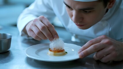 Chef meticulously placing a delicate garnish on a plated dessert in a professional kitchen setting.