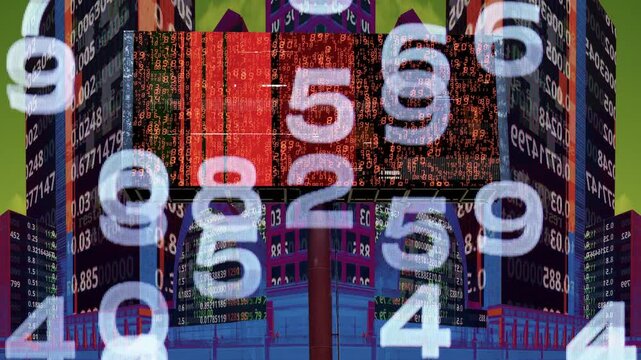 city with overlayed code and data and billboard with business man 