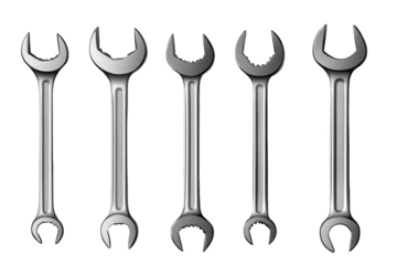 Collection of various sizes of wrenches arranged in a straight line showcasing tools for mechanical work in a minimalistic style