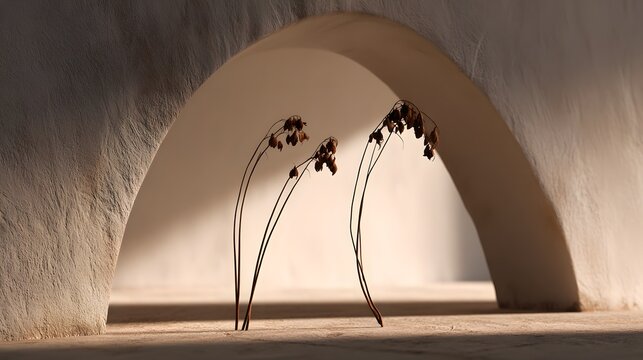 Modern gallery background with curved forms and floating botanicals in clean gradient light 
