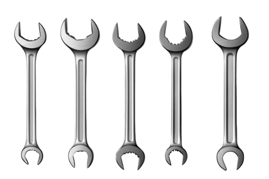 Collection of various sizes of wrenches arranged in a straight line showcasing tools for mechanical work in a minimalistic style