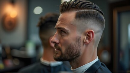 Stylish Man with Fade Hairstyle in Barber Shop, Side View