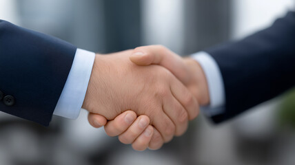 Obraz premium Corporate collaboration and investment trust concept with close-up handshake of business professionals, digital overlays of financial data and global network connections in modern office