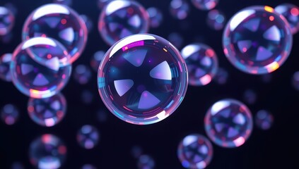 Naklejka premium A cluster of transparent iridescent bubbles floating against a dark background space