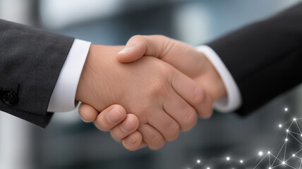 Obraz premium Professional business deal agreement scene showing handshake between executives in formal attire, modern corporate environment with stock market charts and sunlight through glass windows