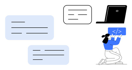 Coder holding a programming window, laptop nearby, and floating text boxes. Ideal for coding, development, technology, teamwork, education software startup. Simple landing page