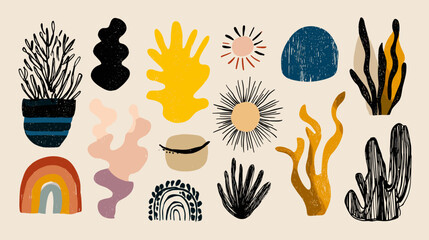 Abstract shapes and botanical elements in earthy tones on a beige background.