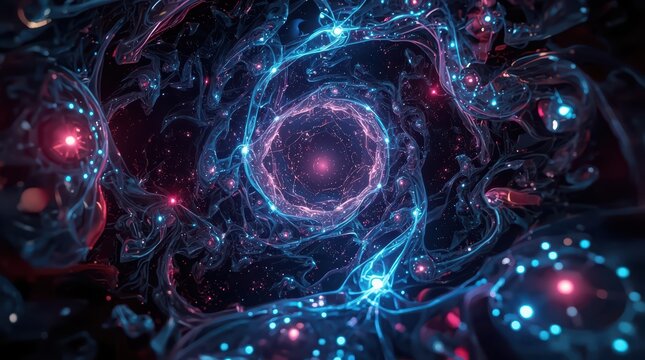 A captivating abstract rendering of a cosmic vortex with glowing neon lights and orbs