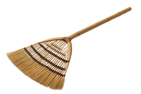 Straw broom with wooden handle isolated on a transparent background ready for cleaning various surfaces around the home or garden