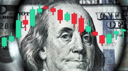 Abstract image of dollar banknote through magnifying lens and financial chart with candles. (Trading, success, investing - concept)