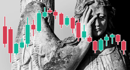 A fragment of ancient sculpture angel and financial chart with candles as a symbol of a person's successes, ups and downs, and emotional despair. (destiny, human existence - concept)