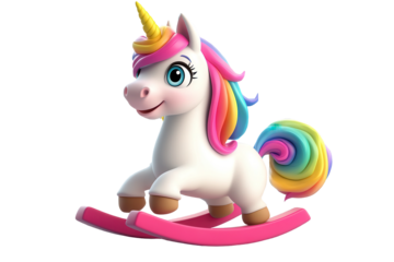 Happy unicorn illustration rides on colorful rocking horse in a whimsical setting, showcasing vibrant colors and a joyful expression