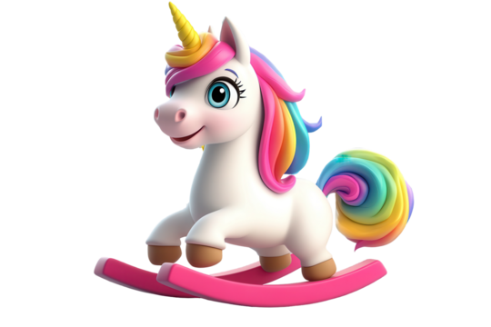 Happy unicorn illustration rides on colorful rocking horse in a whimsical setting, showcasing vibrant colors and a joyful expression