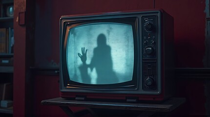 Vintage Red Television Displaying Spooky Silhouette Figure and Hand