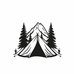 Serene mountain camping scene with trees and tent, camping silhouette