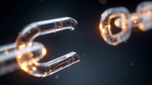 Broken glass chain link symbolizes risk management, vulnerability, and fragility with glowing particles, highlighting broken connections