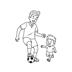 Vector illustration of father and son playing soccer in outline style