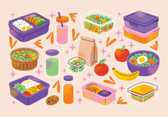 Lunch boxes meal prep with rice, vegetables, eggs, fruits, sandwiches, salads, cookies, juice, paper bag, and reusable containers. Flat vector illustration. Healthy eating lunch preparation concept