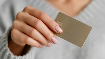 Obraz premium Professional finance and banking stock photo featuring female hand with neat nails holding plastic debit card on white background, representing revenue and digital economy