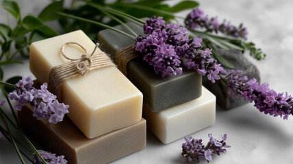 Flat lay composition of natural handmade soap bars on white marble surface with lavender sprigs, eco-friendly artisanal skincare concept for spa, aromatherapy, and wellness branding