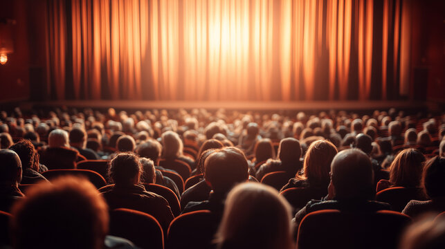 Viewers people are enjoying interesting movie on big empty screen copyspace in dark cinema looking with attention. Template, entertainment and films concept.