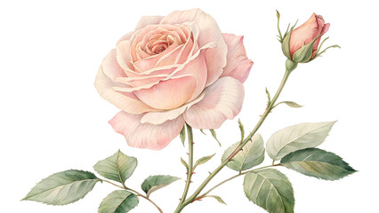 Fototapeta premium Pale Pink Rose Blossom with Bud and Green Leaves Watercolor Botanical Illustration isolated on a transparent background
