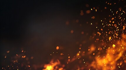 This close-up photo shows orange and yellow sparks against a dark, blurred background. The scene captures the dynamic movement of the embers, evoking flames and a Halloween atmosphere.