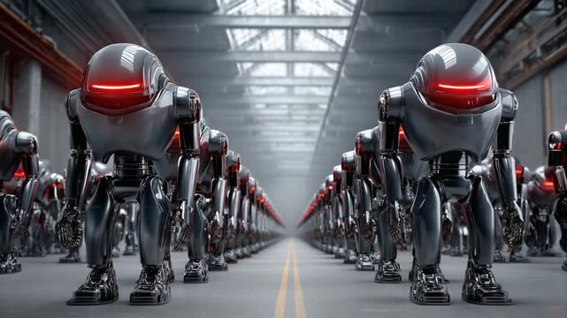 Robotic March of the Future: A phalanx of futuristic robots advances purposefully within a metallic, industrial environment, their red eyes glowing with technological intensity.