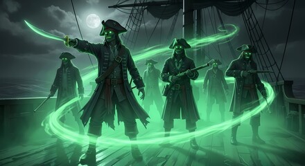 A cursed pirate captain with a glowing sword leads his ghostly crew on a ship's deck at night, surrounded by eerie green magical light.