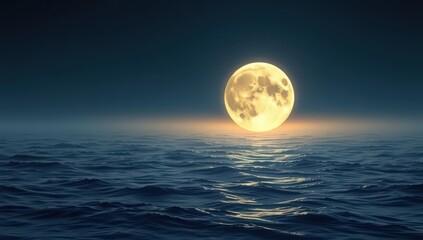 A full moon illuminates the dark ocean waters creating a serene and magical nightscape