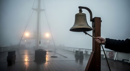 A hand rings a large brass bell on the wet wooden deck of a ship, navigating through dense, heavy fog.