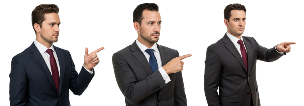 Confident businessmen pointing to opportunities, guiding direction, and leading forward
