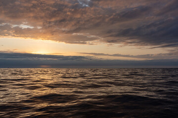A breathtaking sunset casts warm hues across the ocean, with birds flying gracefully in the golden glow. The tranquil water reflects the vibrant colors as the day ends. Barents Sea, Teriberka.