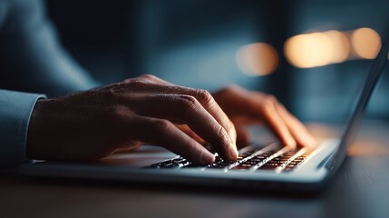 Close-up of hands typing on a laptop, showcasing focused work with dim lighting.
