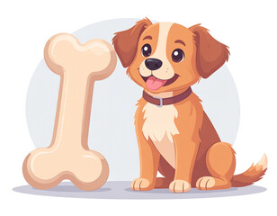 Flat Vector Dog with Oversized Bone Beside It, Minimal Style Pet Clipart, Isolated Transparent Background PNG
