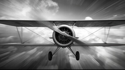 A grayscale image of an old biplane flying through a cloudy sky with propeller spinning