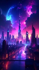 Obraz premium Neon Cityscape at Night with Futuristic Architecture.