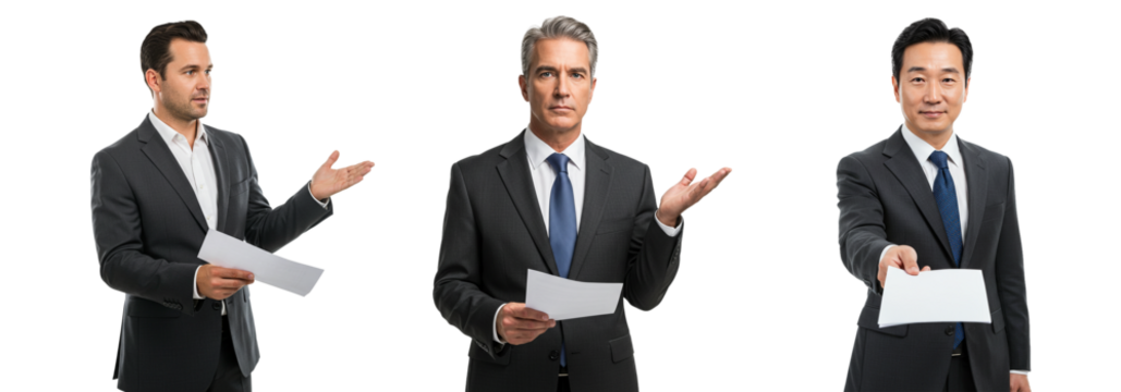 Confident business professionals presenting documents and ideas with gestures - Powered by Adobe