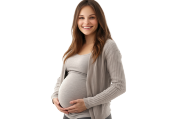 Pregnant woman smiling while holding her belly on a white background, capturing a joyful and expectant moment in her journey toward motherhood