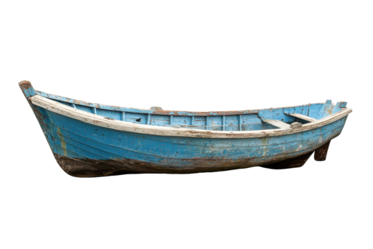 Fishing boat resting on shore with weathered wooden structure in serene isolation, displaying signs of age and neglect near the waterline during bright daylight hours