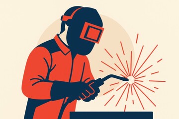 Welder in protective gear performing welding with sparks flying.