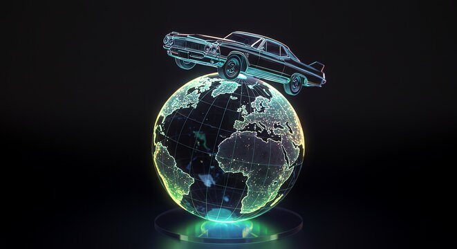 Holographic car on a digital globe, representing future technology and global transportation.
